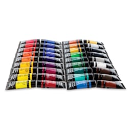 Liquitex Basics Acrylic Paint, Set of 36, 0.74 oz, four rows of tubes out of box.