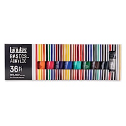 Liquitex Basics Acrylic Paint, Set of 36, 0.74 oz. Front of package.