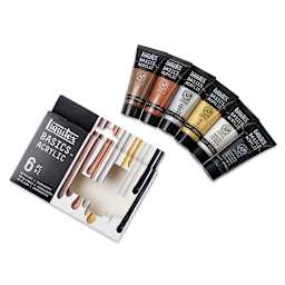 Liqutex Basics Acrylic Paint, Set of 6 Metallic/Iridescent Colors. Package front with tubes above.