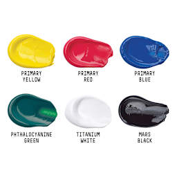 Liquitex Basics Acrylic Set - Set of 6, Basic, 0.74 oz Tubes (Color swatches: Primary Yellow, Primary Red, Primary Blue, Phthalocyanine Green, Titanium White, Mars Black)