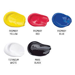 Liquitex Basics - Primary Set of 5 (Color swatches: Primary Yellow, Primary Red, Primary Blue, Titanium White, Mars Black)