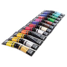 Liquitex Basics Acrylic Paint - Set of 24.Two facing rows of 12 unpacked tubes, flat.