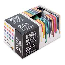 Liquitex Basics Acrylic Paint - Set of 24. Front corner angle view of box.