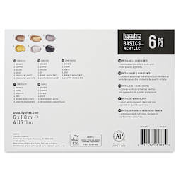 Liquitex Basics Acrylics - Set of 6 Metallic and Iridescent, 4 oz Tubes back of package