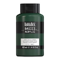 Liquitex Basics Acrylic Paint, 13.5 oz Squeeze Bottle.  Hookers Green Hue Permanent, bottle front.