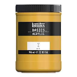 Liquitex Basics Acrylic Paint, 32 oz jar. Gold. Front of jar.