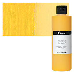 Blick Matte Acrylic - Yellow Deep, 8 oz bottle and swatch