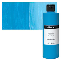Blick Matte Acrylic - Blue Medium, 8 oz bottle and swatch