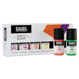 Liquitex Professional Acrylic Gouache - Fluorescents Set of 6. Box front, red/green jars in front.