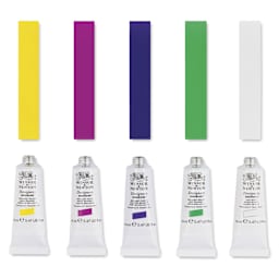 Winsor & Newton Designers Gouache - Brilliant Colors, Set of 5, 14 ml Tubes with color swatch