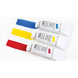 Primary Red, Yellow, and Blue Winsor & Newton Designers Gouache tubes with paint.