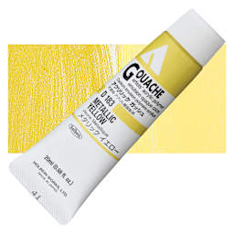 Holbein Acrylic Gouache - Metallic Yellow, 20 ml tube and swatch