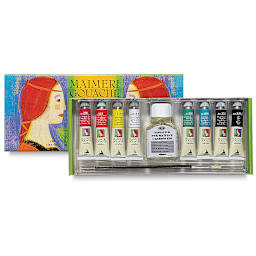 Maimeri Artist Gouache Intro Set - Open Set of 8 Colors with Tubes and fixative shown in tray