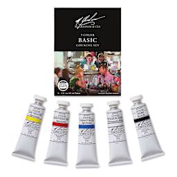 M. Graham Artists' Gouache and Set -Components of Basic Set of 5 shown in front of Package