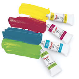 Utrecht Artists' Gouache Paints, tubes next to swatches