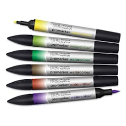 Promarker Watercolor Marker Sets - 6 pc set of Foliage colors shown horizontally with two caps removed