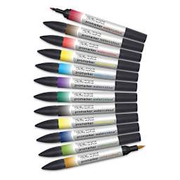 Promarker Watercolor Marker Sets - 12 pc set of Basic colors shown horizontally with two caps removed