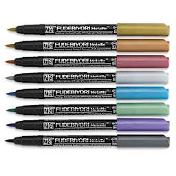 Kuretake Zig Fudebiyori Brush Pens - Set of 8 Metallics shown horizontally and uncapped