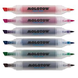 Molotow Aqua Twin Markers and Sets - 6 Markers from Basic Set 2 shown horizontally and uncapped
