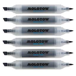 Molotow Aqua Twin Markers and Sets - 6 Markers from Grays Set 1 shown horizontally and uncapped
