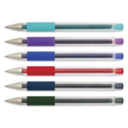Uni-Ball Signo DX Gel Pens with caps off, laid out in various colors