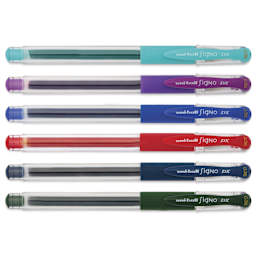 Uni-Ball Signo DX Gel Pens with caps on, laid out in various colors