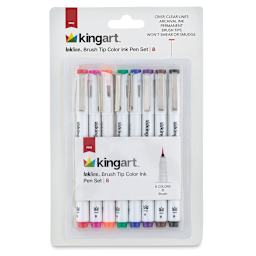 Kingart Inkline Artists Pen Sets - Front of blister package of set of 8 Assorted Color Brush Tips