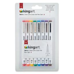 Kingart Inkline Artists Pen Sets - Front of blister package of set of 8 assorted colot Fine tips