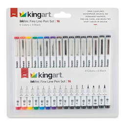 Kingart Inkline Artists Pen Sets - Front of package of 16 assorted Color and Tips