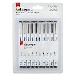 Kingart Inkline Artists Pen Sets - Front of package of 10 pc set of Black Assorted Tip Pens