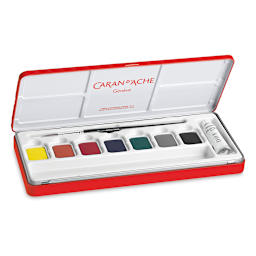 Caran d'Ache Gouache Studio Set - Set of 7 Pans w/White Tube, w/ brush, Open view