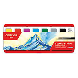 Caran d'Ache Gouache Studio Set - Set of 7 Pans w/White Tube, w/ brush, View front cover