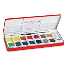 Caran d'Ache Gouache Studio Set - Set of 14 Pans w/White Tube, w/ brush, Open view