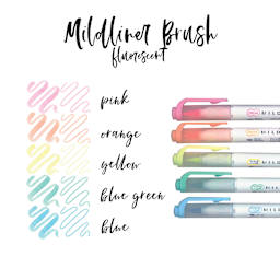 Zebra Mildliner Double Ended Brush Pens - Set of 5, Fluorescent Colors (pens with color swatches)