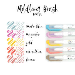 Zebra Mildliner Double Ended Brush Pens - Set of 5, Warm Colors (pens with color swatches)