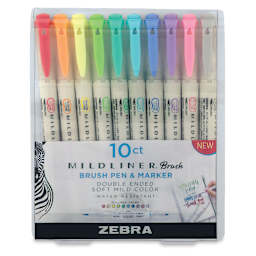 Zebra Mildliner Double Ended Brush Pen Sets - Front of package of Set of 10 Assorted Colors