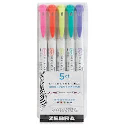 Zebra Mildliner Double Ended Brush Pens - Front of package of Set of 5 Refresh Colors