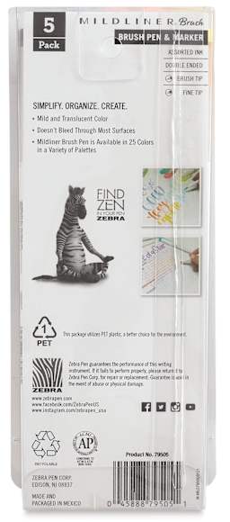 Zebra Mildliner Double Ended Brush Pens - Set of 5, Friendly Colors (back of package)