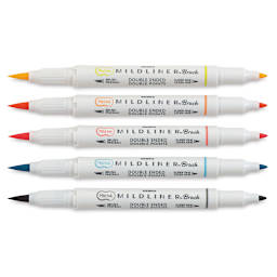 Zebra Mildliner Double Ended Brush Pens - Set of 5, Friendly Colors (caps removed)