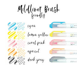 Zebra Mildliner Double Ended Brush Pens - Set of 5, Friendly Colors (pens with color swatches)