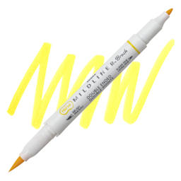 Zebra Mildliner Double Ended Brush Pen - Lemon Yellow, swatch and pen