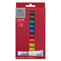 Winsor & Newton Gouache - Set of 10, Assorted Colors, 12 ml, Tubes (Front of packaging)