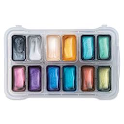 Himi Jelly Gouache Paint in a Set of 12 Color Changing Colors with the lids off the color.
