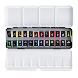 Etchr Half Pan Watercolors - Set of 24, Classic Colors, open metal tin