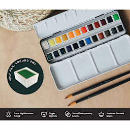 Half pan, around 2 ml. Great lightfastness rating. Vegan friendly. Varied transparency levels. Premium Student Grade.