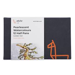 Etchr Half Pan Watercolors - Set of 12, Golden Pearlescent Colors, packaging
