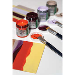 Lefranc Bourgeois Flashe Biobased Paint jars with brushes filled with color