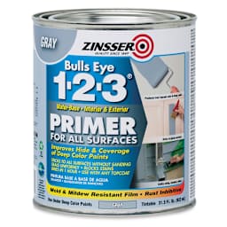 Zinsser Bulls Eye 1-2-3 Latex Primer Sealer - Front of Quart Gray Primer
