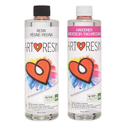 ArtResin Epoxy Resin Starter Kit. Fronts of 16 oz bottle of Resin and 16 oz bottle of Hardener. 