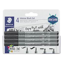 Staedtler Pigment Arts Pens - Intense Black, Assorted Tip, Set of 4, front of the packaging